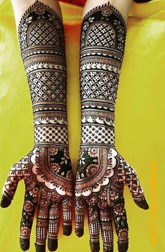 8. Stylish full hand bridal Mehndi design
